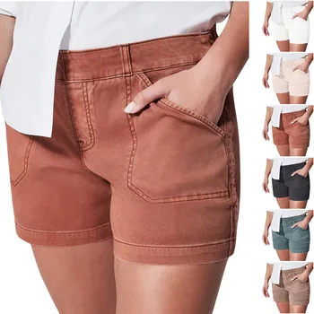 Дънкови къси панталони с висока талия прасковен цвят на цвят в стил хип-хоп, Без копчета и ципове, плътно Прилепнали Секси Обикновен дамски панталони 2023, летни поп