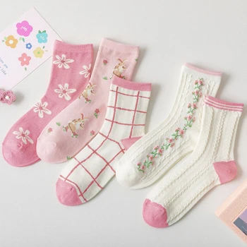 Дамски чорапи в японски стил harajuku Kawaii от памук с ягоди и цветя, забавни и сладки розови чорапи за жени