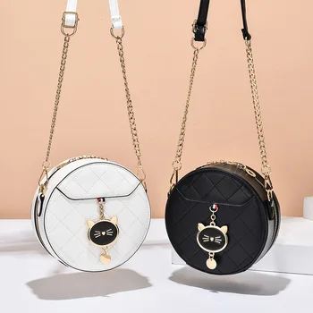 Лятна Нова Дамски Кръглата чанта на верига, Модни Универсална чанта-Месинджър С Отложено във Формата на Котешки Глави, Брандираната Дизайнерска чанта-Тоут
