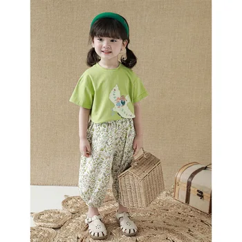 Тениска за момиченца, ризи с къси ръкави, сладки тениски с анимационни герои, облекло в корейски стил, детски дрехи от 1 до 7 години, зелени тениски
