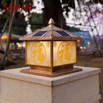 Слънчевата пощенска лампа SAMAN LED Outdoor Creative Bronze Pillar Светлини Водоустойчива IP65 за къщи, вили, веранда, декор на вътрешния двор
