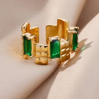 Правоъгълни пръстени от неръждаема стомана със зелен цирконием за жени, винтажное златното широко пръстен, няколко брачни халки, луксозни дизайнерски бижута Правоъгълни пръстени от неръждаема стомана със зелен цирконием за жени, винтажное златното широко пръстен, няколко брачни халки, луксозни дизайнерски бижута 0
