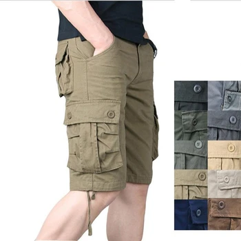Мъжки памучни ежедневни обикновена шорти, летни свободни широки къси панталони за мъже, модни мъжки къси панталони-бермуди с множество джобове Q393