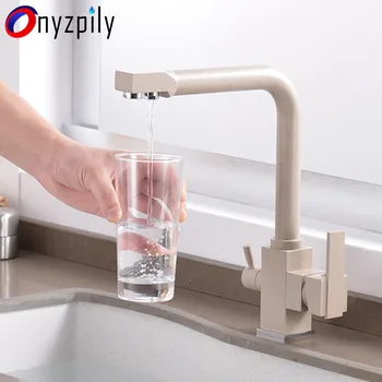 Onyzpily Бежово месинг луксозен с кухненски смесител с чиста вода, двойна дръжка, топла и студена питейна вода, 3-лентов филтър, кухненски смесители