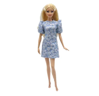 1/6 стоп-моушън дрехи, синьо малка рокля с пищни ръкави за Барби, Аксесоари за дрехи за Барби, принцеса рокля с цветен модел, е детска играчка 11,5 