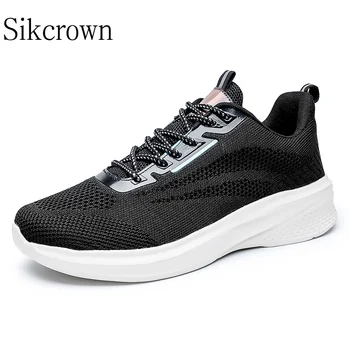 Черен мъжки спортни обувки, Размер 48, маратонки, мъжки нова дишаща еластична материя, Удобна за джогинг, лека мъжки обувки за фитнес зала