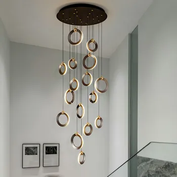 Модерна led стълбищна полилей в скандинавски стил, луксозно алуминиево пръстен, висящи осветителни тела за хол, трапезария, лампа за домашен интериор в стил loft