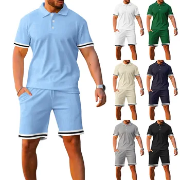Летни къси панталони с къси ръкави и ревера, случайни мъжки спортен комплект от две части