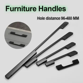 Модни черни мебелни дръжки 96-480 мм от алуминиева сплав, масивна сверхдлинные Дръжки за чекмеджета на гардероба, за стая, кухненски врати хардуер
