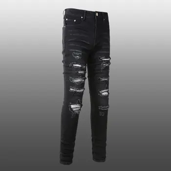 2023 Черни улични ретро скъсани дънки с отстрочкой, мъжки мотоциклетни панталони, мъжки дънки в стил пънк, хип-хоп, скъсани дизайнерски дънки, мъжки панталони