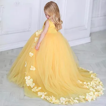Liaumin/ жълто пищни рокля с цветя модел за момичета, хубава детска пола за рождения си ден, лъскави дрехи за сватбената парти, бална рокля за Първо причастие