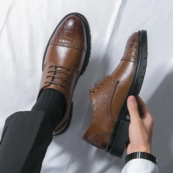 Бизнес и официални кафяви кожени обувки, мъжки модни ежедневни модела обувки, класически италиански официални мъжки обувки-oxfords Zapatos Hombre