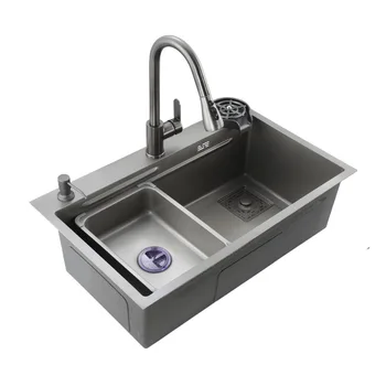 Кухненска мивка от неръждаема стомана 304, мивка, Голяма единична мивка под плот с мивка за чаши, дренажни инсталации за чешмата