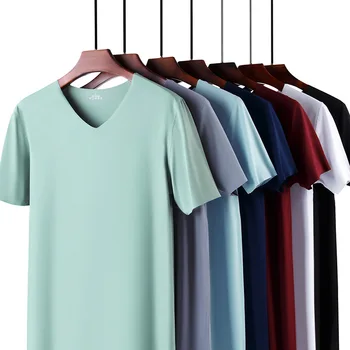 Летни Мъжки тениски Ice Silk, Тениски За Мъже, Безпроблемна Ежедневна Тениска с V-образно деколте и Къс ръкав, Тениски, Мъжки дрехи, Блуза, Градинска облекло