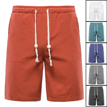 Мъжки къси панталони, летни плажни панталони, мъжки обикновена ежедневни панталони, мъжки спортни пятиточечные панталони от памук и лен, мъжки мъжки
