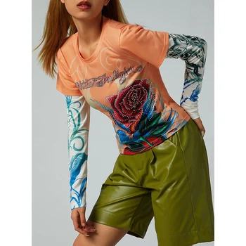 Y2K Женска риза в стил мозайка с кристали, реколта риза в стил харадзюку с готическа принтом, градинска облекло E-момиче с дълъг ръкав