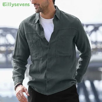 Men Тениска Long Sleeve Turn Down Collar Solid Мъжки Тениски Big Sizes Casual Slim Fit Top Blouse Риза С Качулка Мъжки #3