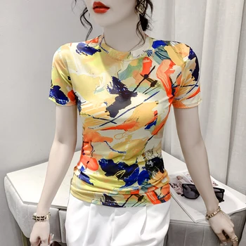 Лятна дамска тениска с къс ръкав и кръгло деколте, модерна женска риза, отгоре с 3D принтом, ежедневни облекла