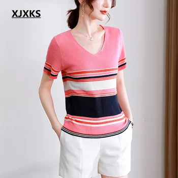 XJXKS 2023, летни нови висококачествени трикотажни блузи от коприна тутового на цвят, с къси ръкави, модни дамски тениска на райета