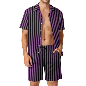 Мъжки комплекти за вертикални райета на Хелоуин, виолетово-черни ежедневни панталони, лятна риза за почивка на Хавай, костюм на размера на плюс с къс ръкав