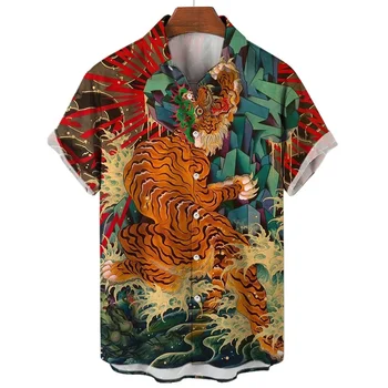Социална Риза Мъжки Ежедневни Ризи С 3D Принтом Животни, Блузи С Къс ръкав, Блуза Tiger_Dragon, Ежедневни Тениски, Мъжки Дрехи Оверсайз