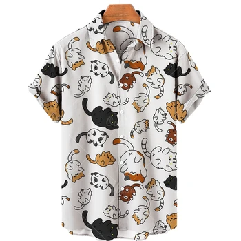 2023 Хавайска риза с 3d ревера, мъжки ежедневни аниме-ризи с къс ръкав, мультяшная мъжка риза, лятна мъжки дрехи, улично ретро Домашни котки