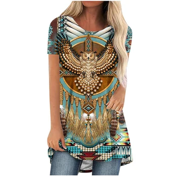 Лятна тениска с етнически 3D принтом в стила на западните ацтеките, градинска дрехи, дамски тениски с къс ръкав, туника, блузи, тениски, дамски новите дрехи голям размер