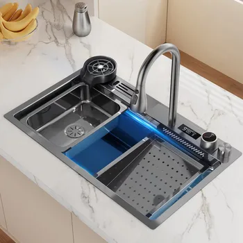 Черен Нано кухненска мивка, мултифункционален дигитален дисплей, мивка с водопад от неръждаема стомана 304, голям единичен слот с поставка за ножове
