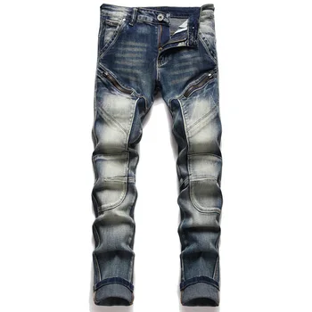 Мъжки сини модни дънки, тънки памучни ежедневни дънкови панталони с ципове в стил хип-хоп, пънк, мотоциклети, уличен стил, висококачествени дънкови панталони
