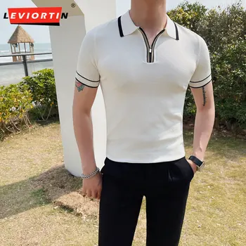 Модерни трикотажни Ризи Поло с отложным яка с цип и с Къс ръкав за мъже, Облекло 2023, бизнес и ежедневни однотонная тениска Slim Fit