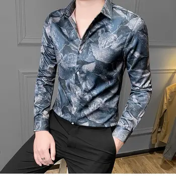 2021 пролетна мода, мъжки приталенные Ризи с копчета и дълъг ръкав, мъжки ризи с отложным яка, Мъжки ежедневни блузи с флорални принтом O191