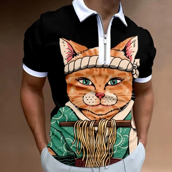 Мъжка риза с цип, Лятна Нова мъжка риза с джоб с котка, Ежедневни тениска Мъжка мода, мъжка тениска с къс ръкав, Спортни мъжки дрехи