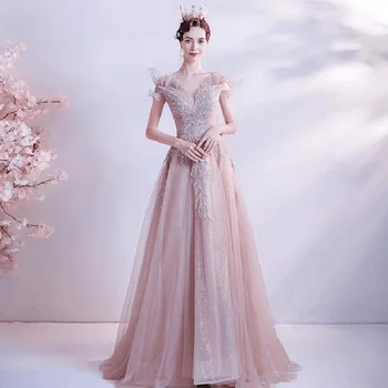 Елегантна романтично розова вечерна рокля Русалка 2023, Ново луксозно вечерна рокля в пода с открити рамене