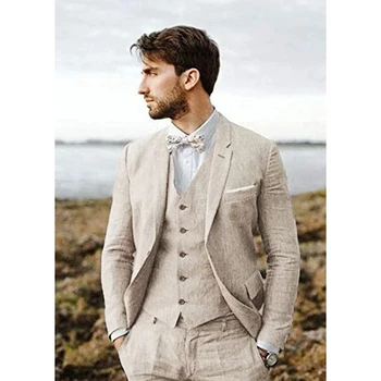Нов дизайн Ленено Костюм за Мъже, Официален Комплект за Бала, Оборудвана Сакото на Младоженеца, Смокинг за кума, Костюм Homme (Яке + Жилетка + Панталони)