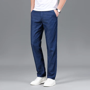 Летни нови мъжки широки дънки Smart Casual, луксозни директни мъжки дънкови панталони Slim Fit, дишащи дънкови панталони в тънките сечение сини