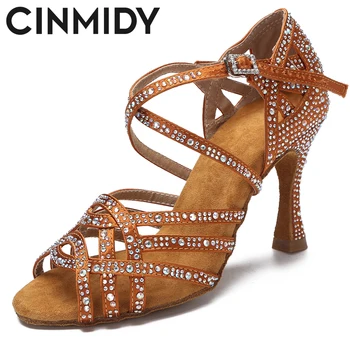 CINMIDY/Танцови обувки за Момичета, Бални Обувки за латино танци, Дамски Обувки за Салса И Танго С Кристали, Сини Дамски обувки за Сватба