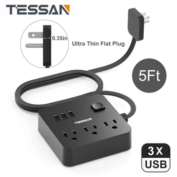 Удължител TESSAN Ultra Thin Power Strip с 3 розетки на променлив ток, 3 USB, 6 в 1 с плосък приставка адаптер, удължителен кабел 1,5 метра/5 фута