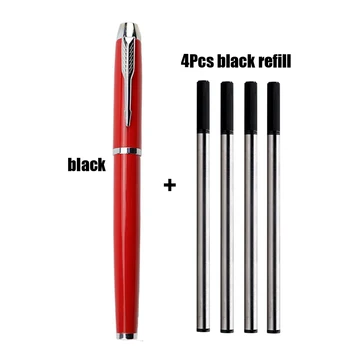 1 + 4 бр. Луксозен подаръчен комплект от дръжки, черна бизнес химикалка химикалка с резервни пълнители, метални химикалки, ученически офис-канцеларски материали