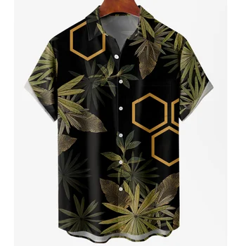 2023 Проста мъжка риза Лятна мода градинска хавайска риза с къс ръкав за всеки ден, Мъжки ежедневни риза с копчета във формата на листа за мъже, комфортен топ