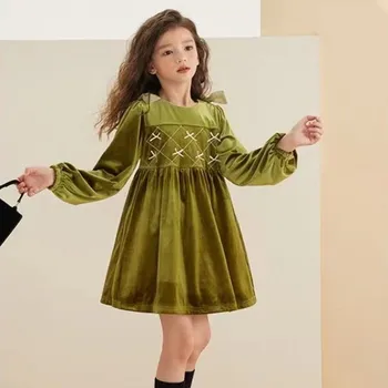 Детско зелено бархатное рокля за момичета на пролетта и есента, рокля на принцеса с миризмата, вечерна рокля с лък за малки момичета, халат Fille