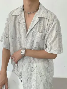 Лято 2023, корейски Модерни Ежедневни блузи, мъжки Ризи с принтом с къс ръкав, Креативна Свободна градинска мъжки Дрехи, Блузи Y106