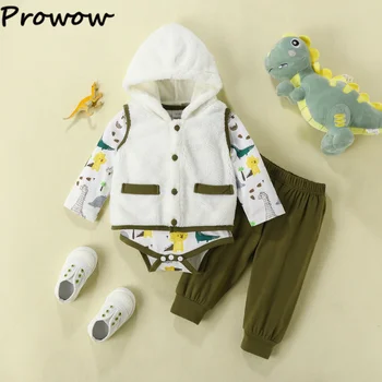 Prowow 3 бр., дрехи за малките момчета, вълнена жилетка с качулка + Гащеризон с анимационни принтом + обикновена панталони, комплект дрехи за деца, есенно-зимни детски костюм