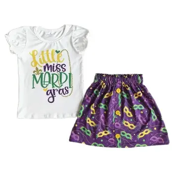 Продажба на едро, Детски пролетно облекло Little Miss Mardi Gras, дрехи за малките момичета, ръкави с волани, детска лилава пола-маска с надпис