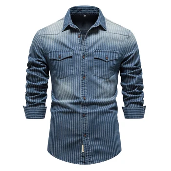 AIOPESON, памучни мъжки дънкови ризи на райета, участък, дълъг ръкав, висококачествени дънкови ризи за мъже, ежедневни тънки каубойски ризи, мъжки