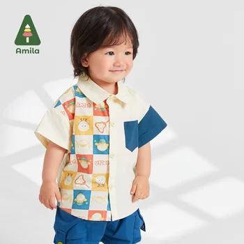 Риза за малки момчета на Stanislav /2023, лятна новост, 100% памук, сладък cartoony модел асиметрична линия, всекидневни модерен топ, детски дрехи