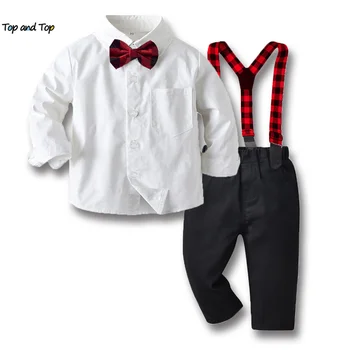 комплекти ежедневни облекла за малки момчета, джентльменские риза с папийонка с дълъг ръкав + Панталони на подтяжках, Костюми за малки момчета от 2 теми