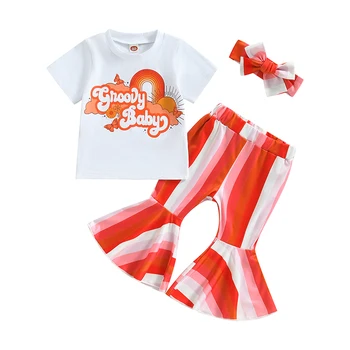 FOCUSNORM/ Комплекти летни дрехи за малките момичета от 0 до 4 години, блузи с къси ръкави и надпис + Шарени разкроена панталони + Комплект превръзка на главата