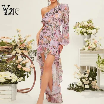 Y2K дрехи елегантна празнична рокля на Русалка Макси с флорални принтом и накъдрен, тънки летни рокли в стил бохо, плажно парти, абитуриентски бал, дамски рокли