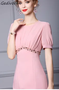 Gedivoen/ Модно Дизайнерско Пролетта женствена рокля с кръгло деколте, Розово, с къс ръкав 