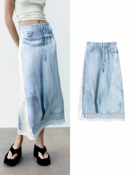 Дамски сатенени поли с джинсовым принтом, пола с висока талия, 2023, Дамски елегантни поли с трапецовидна форма, лятна синя пола midi, Нов корейски стил